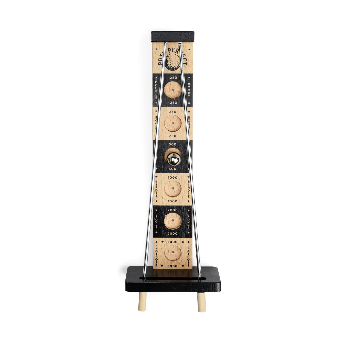Putt Perfect is a wooden tabletop game featuring a tall vertical board, scoring pegs, a central ball, and two metal rods. It stands on a black base with light wood legs—like the pro golfer’s ultimate putting challenge.