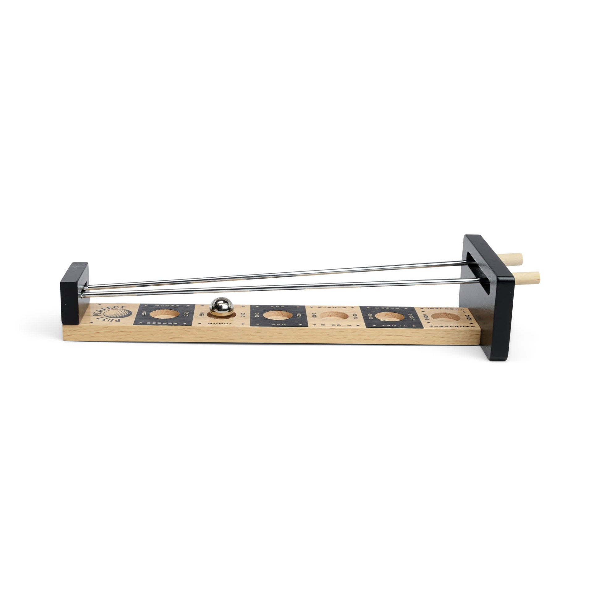 Putt Perfect is a wooden inclined plane with two parallel rods, a metal ball, and measurement graphics—perfect for Perfect Putt demos or pro-level golf technique analysis.