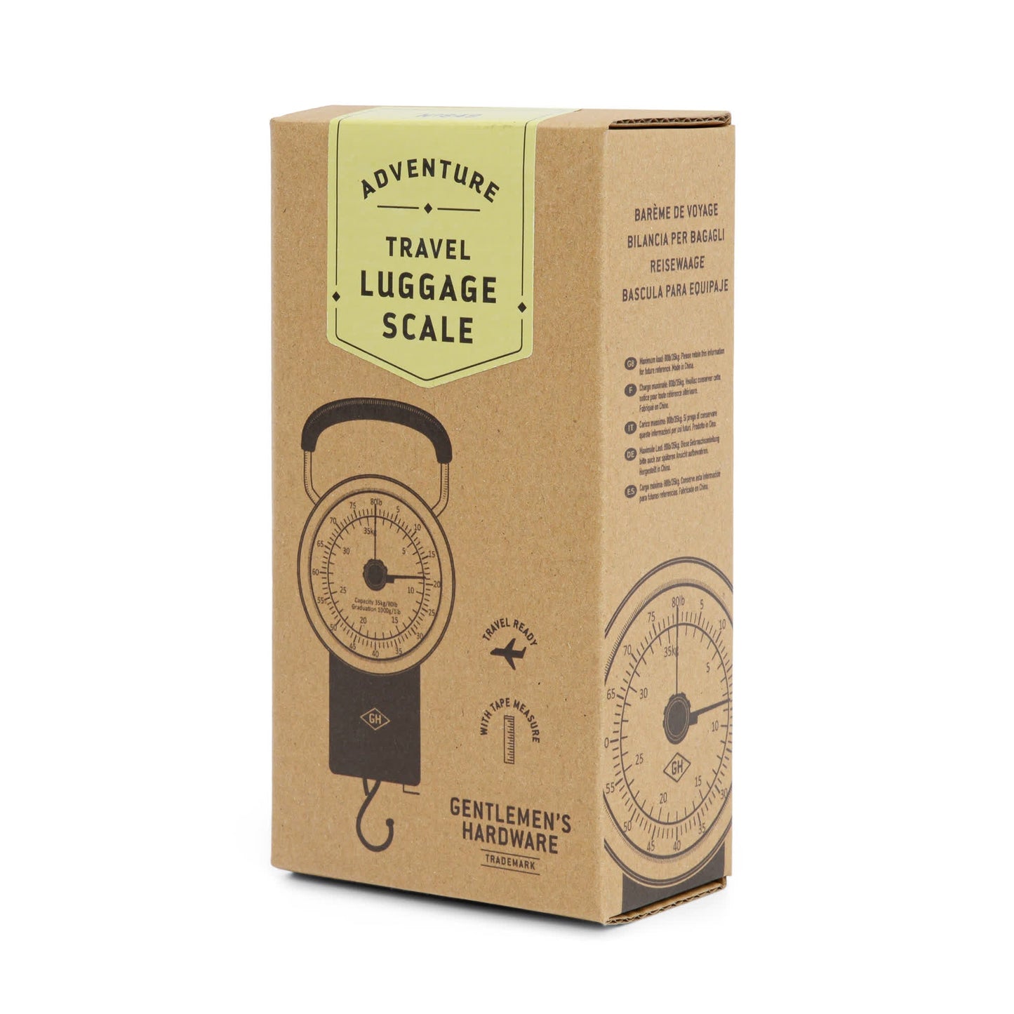 A cardboard box displays the Travel Scale with product illustrations and multilingual text from Gentlemens Hardware—the perfect travel companion for accurate weight readings on the go.