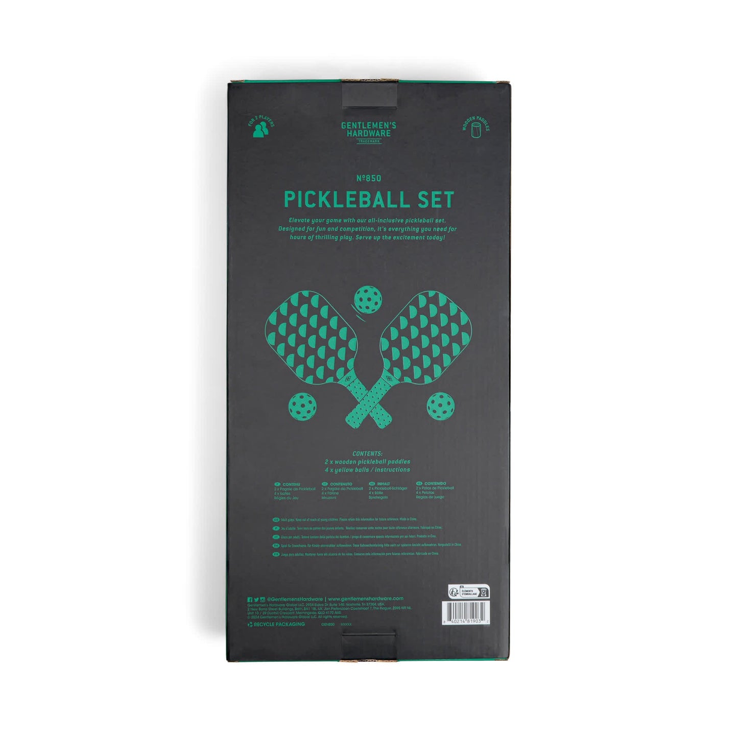 Rectangular black box packaging for the Pickle Ball Set, featuring two green illustrated paddles and text highlighting the fun and competitive spirit of this exciting play set.
