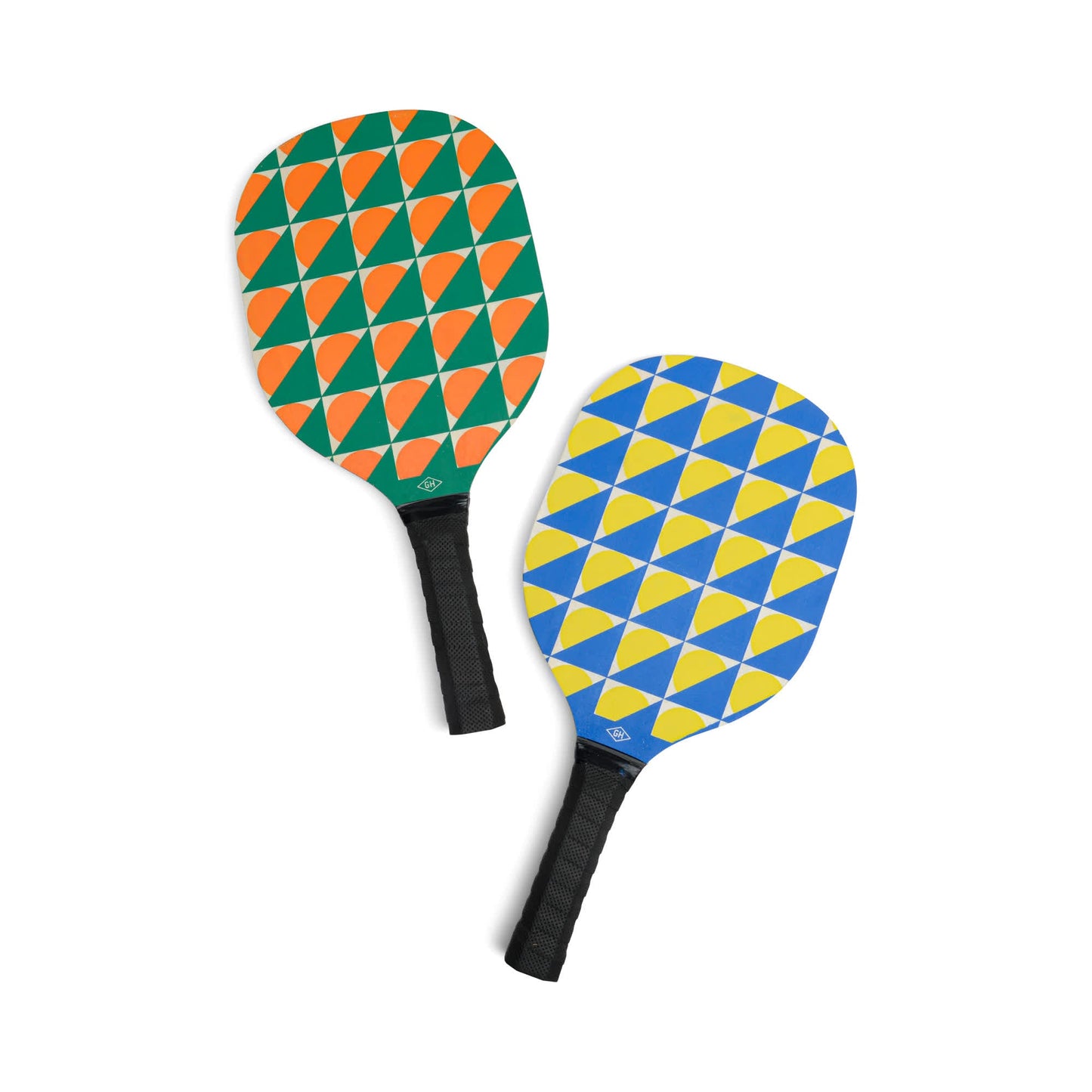 The Pickle Ball Set features two paddles—one with green and orange, the other with blue and yellow geometric patterns—each designed for exciting matches and equipped with a comfortable black handle.