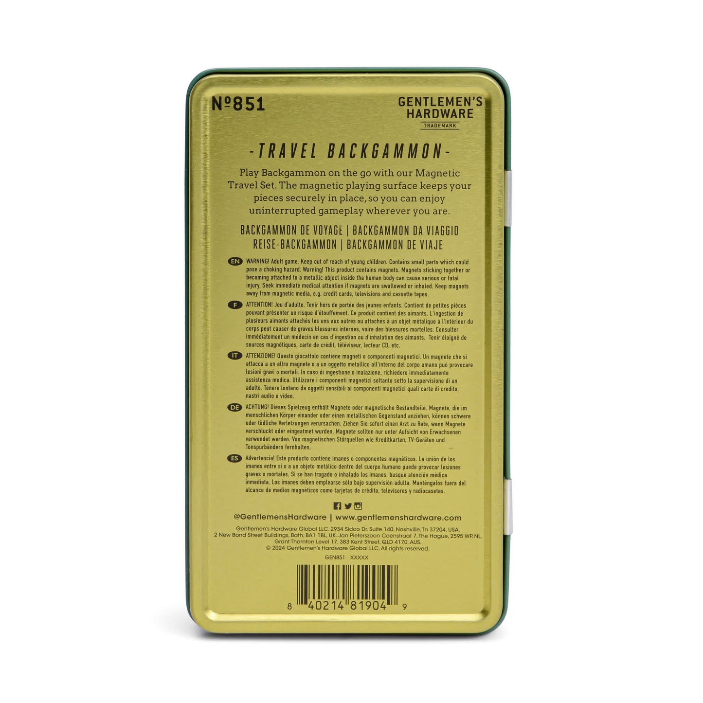 The Gentlemens Hardware Travel Backgammon tin features a yellow background with multilingual instructions, and boasts a magnetic playing surface for secure gameplay anywhere.