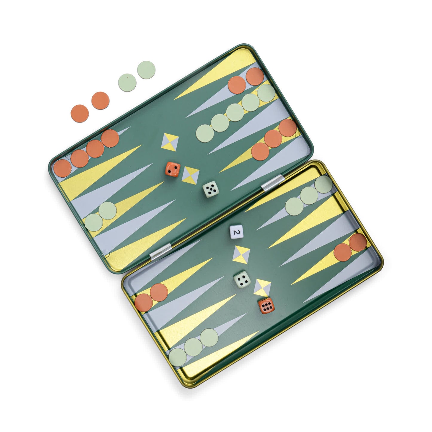 The Travel Backgammon set features a magnetic board in green and yellow, red and green checkers, two dice, and a doubling cube showing 2—all ready for play on its secure surface.