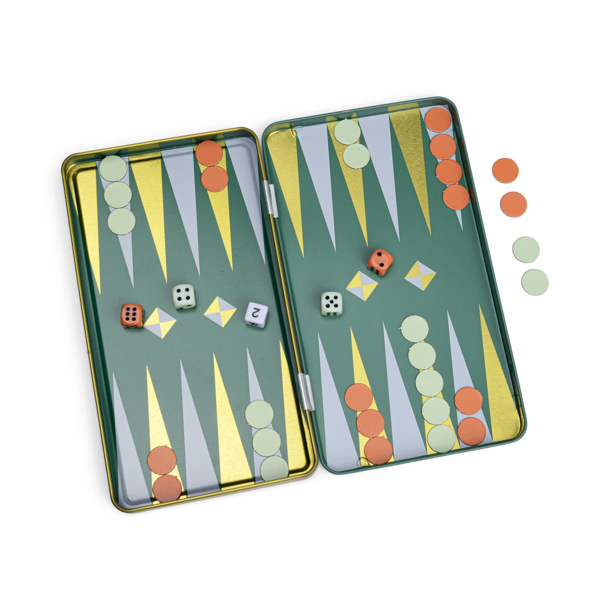 The Travel Backgammon set features a green and gold magnetic board, orange and green checkers (some outside the case), four dice, and a doubling cube.