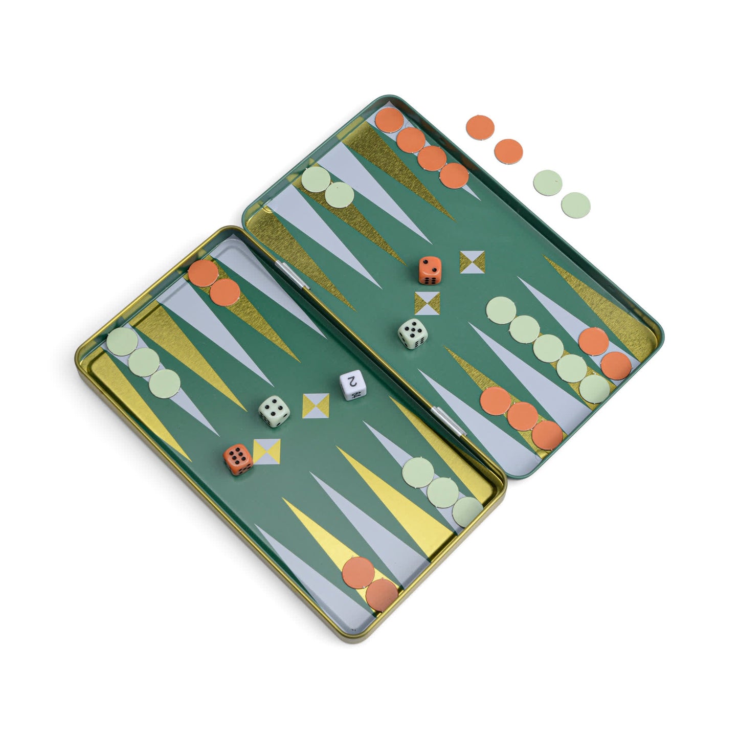 The Travel Backgammon set includes an open board with a green magnetic surface, orange and light green pieces, two dice, and a doubling cube—everything neatly organized for on-the-go play.