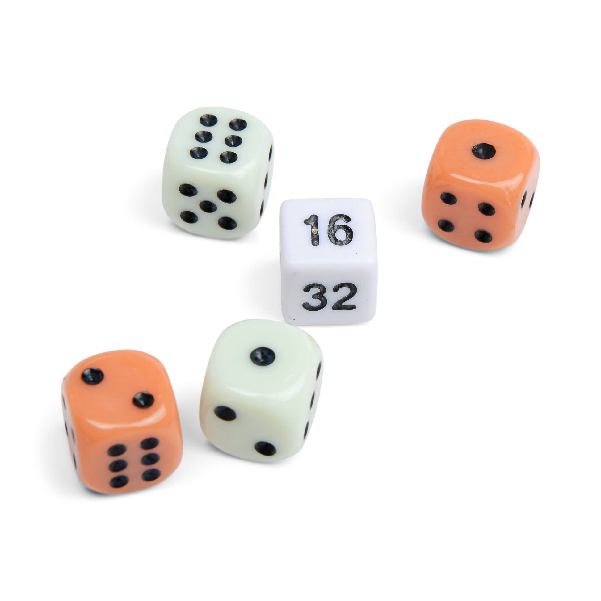 Travel Backgammon includes four standard dice—two orange and two white—and a unique white die marked 16 and 32, perfect for magnetic surfaces or as part of your Magnetic Travel Set.