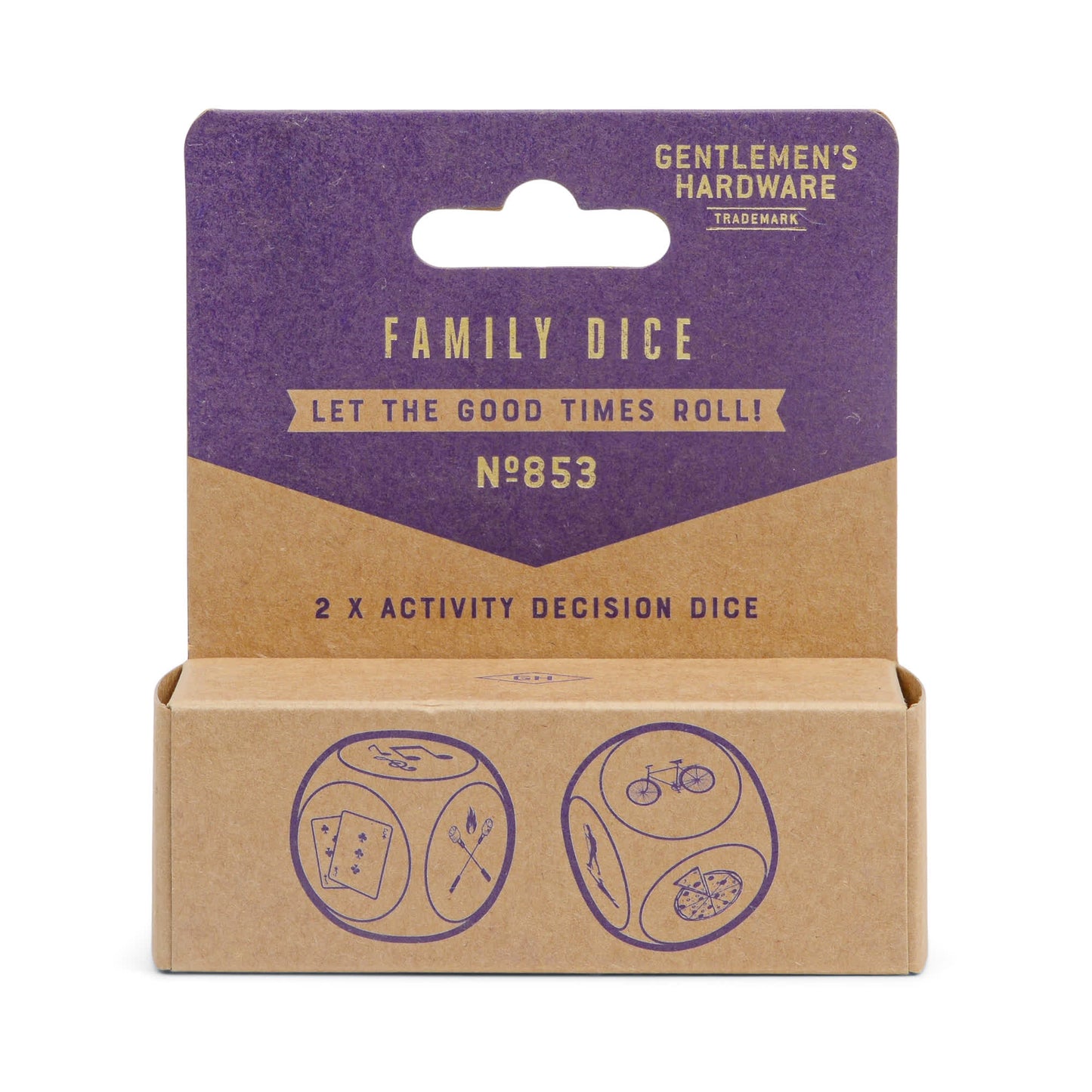 Family Dice comes in a cardboard package adorned with dice illustrations showing fun activity symbols, making it perfect for inspiring family game nights.