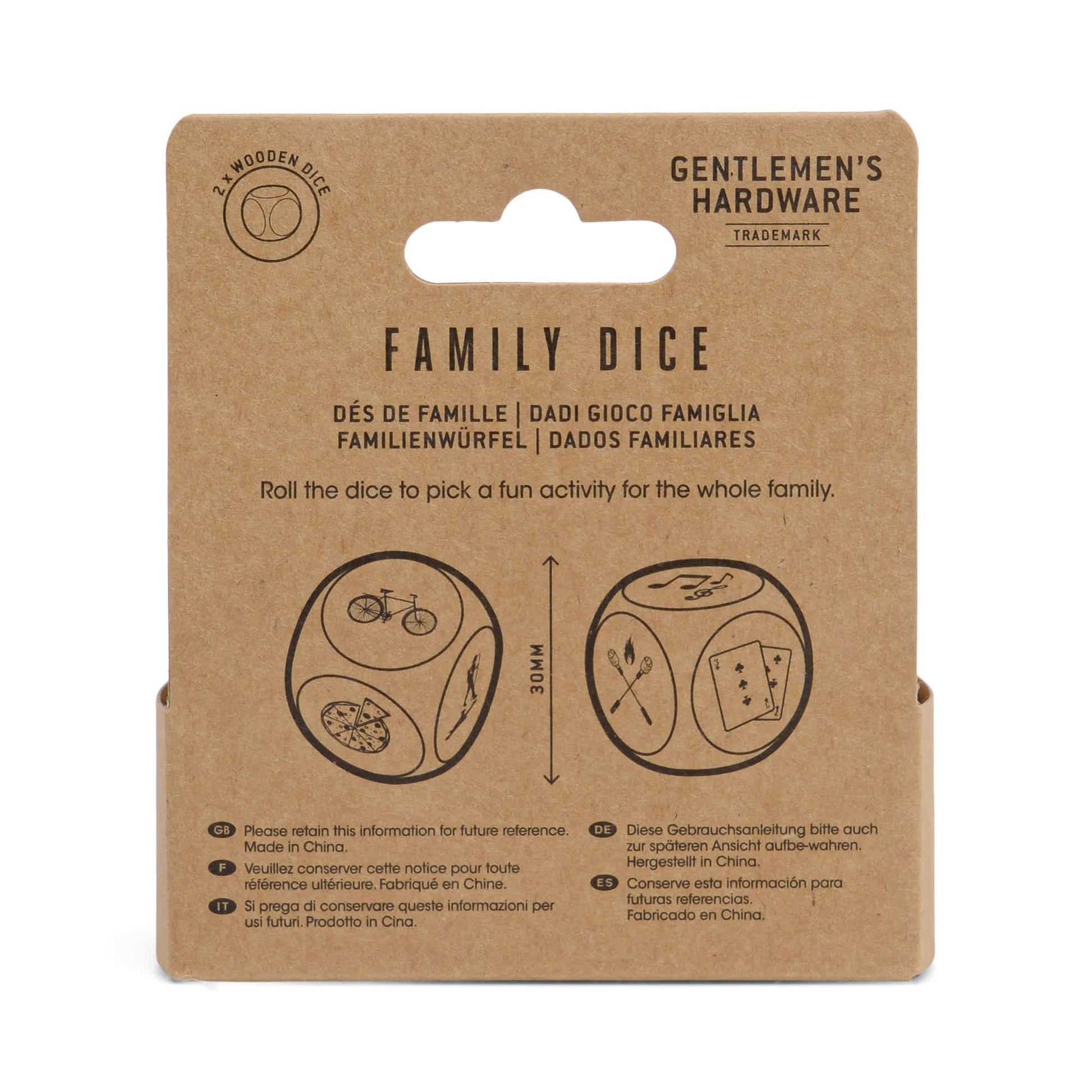Family Dice comes in a cardboard package featuring two illustrated wooden dice and multilingual instructions, making it an ideal activity for families to choose their next adventure together.