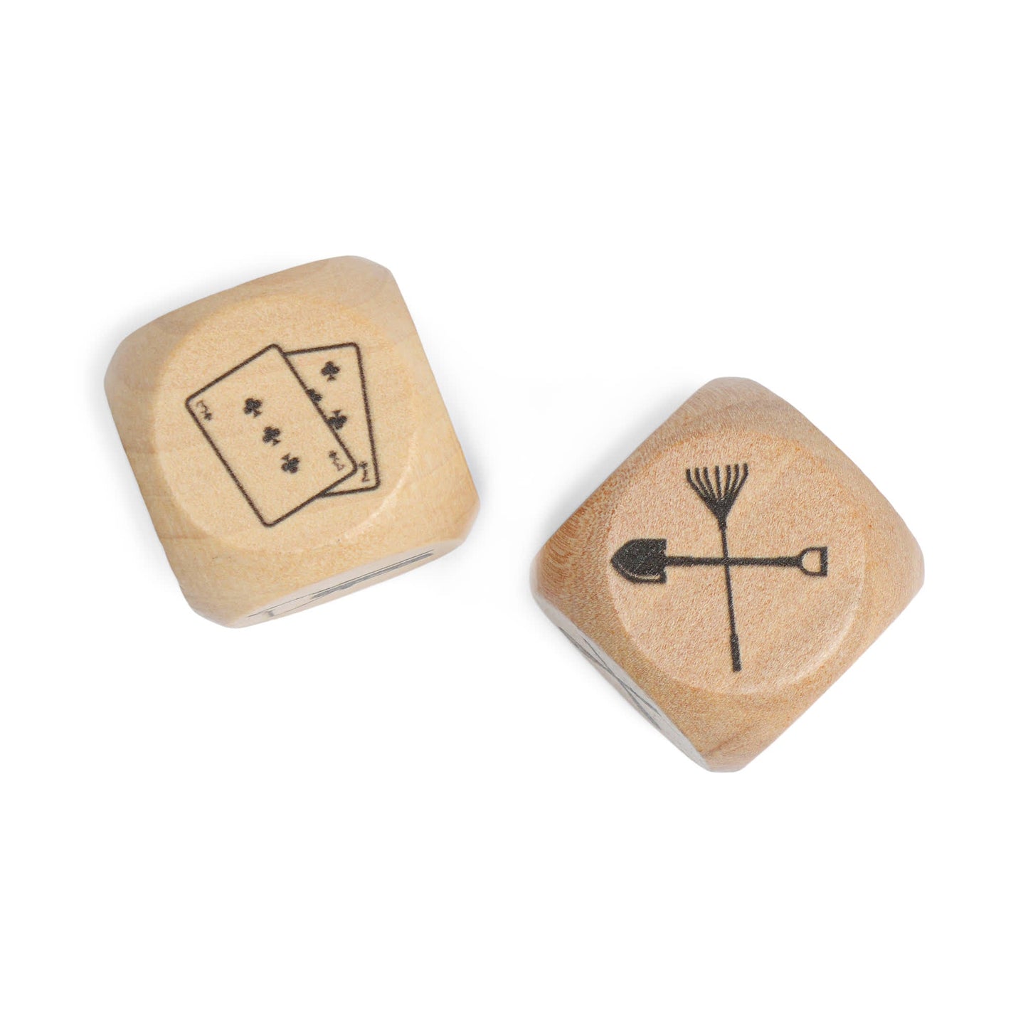 Family Dice includes two wooden dice—one featuring playing cards, the other showing crossed gardening tools—for a fun family game night, all set on a white background.