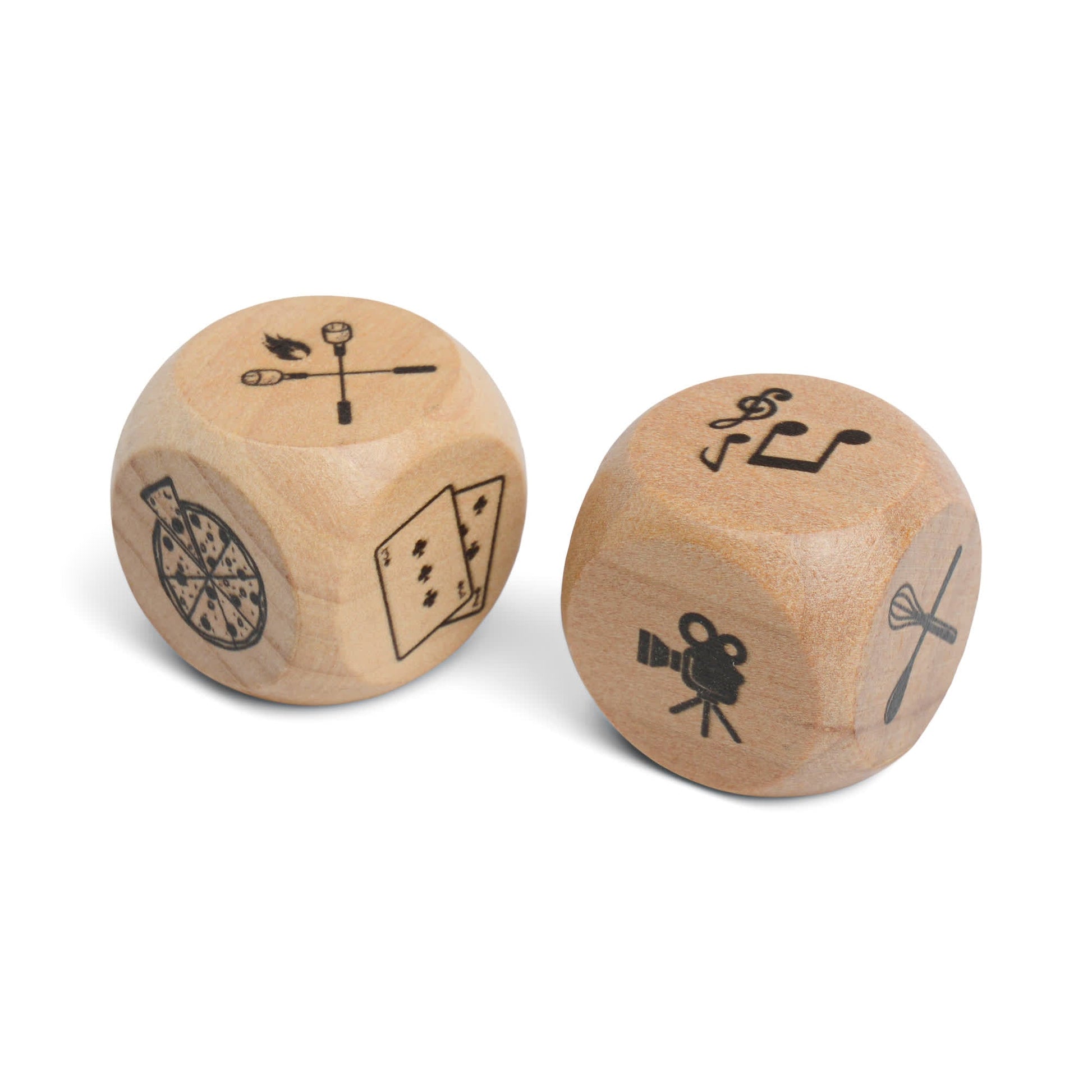 Family Dice—two wooden dice featuring unique icons such as pizza, playing cards, a movie camera, and a musical note—are perfect for inspiring your next family fun activity.