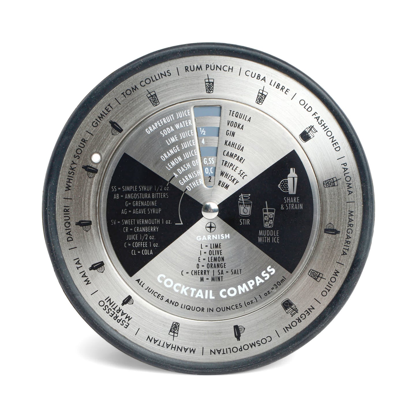 The Bar Compass is a metallic tool for mixology, featuring rotating dials to help you discover cocktail recipes, garnish ideas, and mixing instructions with ease.