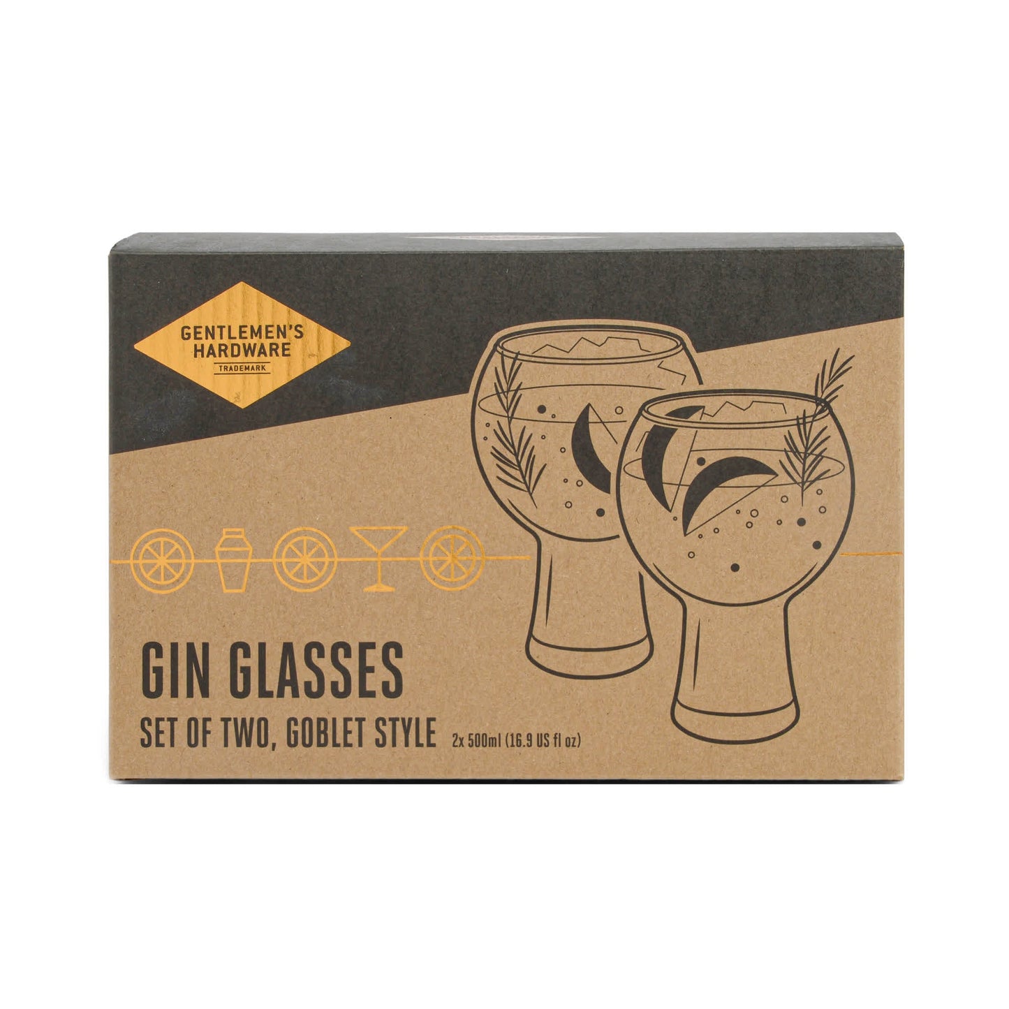 Box packaging labeled Gin Glass - Set Of 2, featuring enchanting illustrations of goblet-shaped gin glasses and Gentlemen’s Hardware branding.