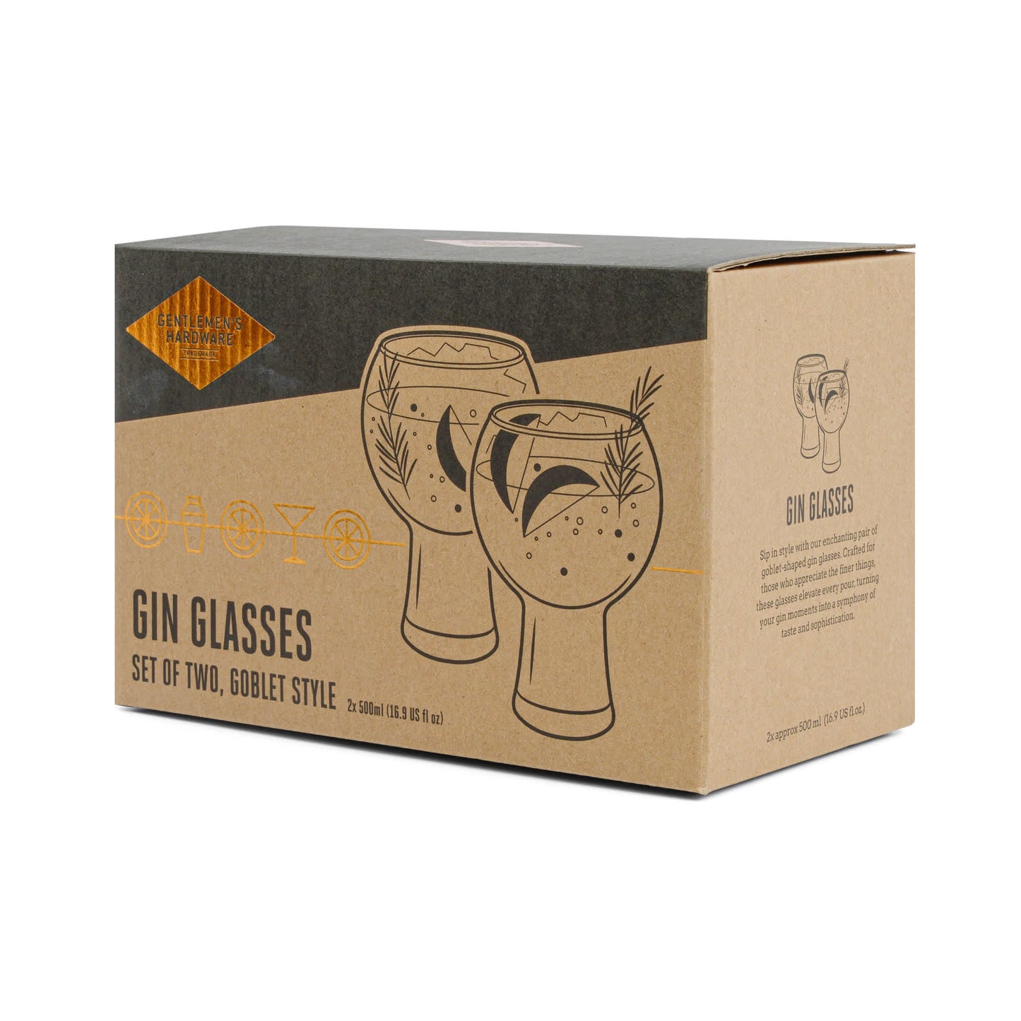 A cardboard box labeled Gin Glass - Set Of 2, featuring enchanting goblet-shaped gin glass illustrations on the front.