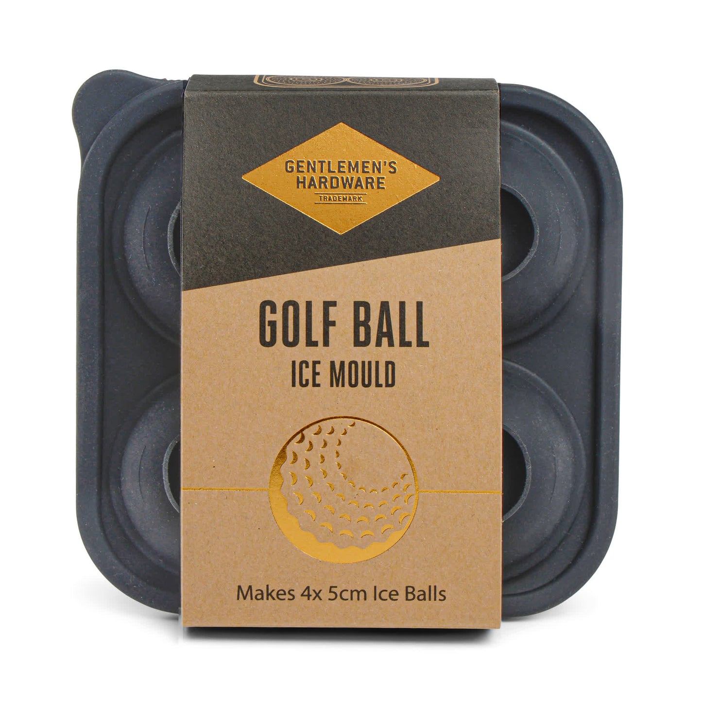 The Golf Ball Ice Mould by Gentlemens Hardware is a black silicone mould in gift packaging, creating four 5cm golf ball-shaped ice balls—an ideal present for any golf enthusiast.
