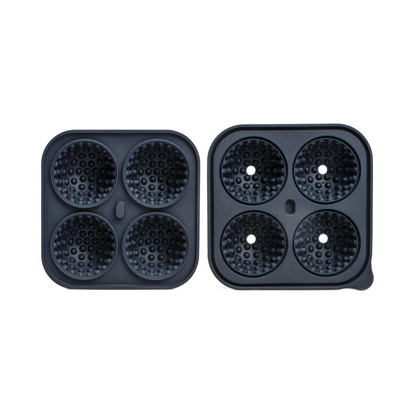 Two Golf Ball Ice Moulds made of black silicone, each with four round, textured cavities for shaping golf ball ice, are positioned side by side on a white background.
