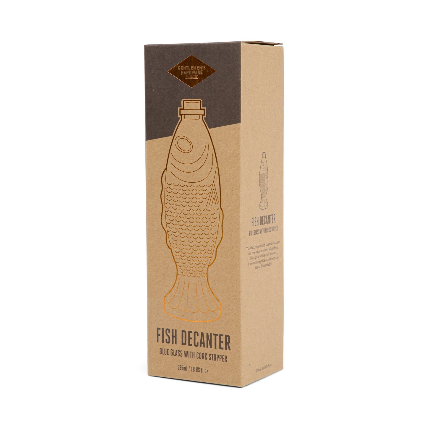 Rectangular cardboard box with an illustration of the Fish Decanter and Fish Decanter, Blue Glass with Cork Stopper printed on the front.