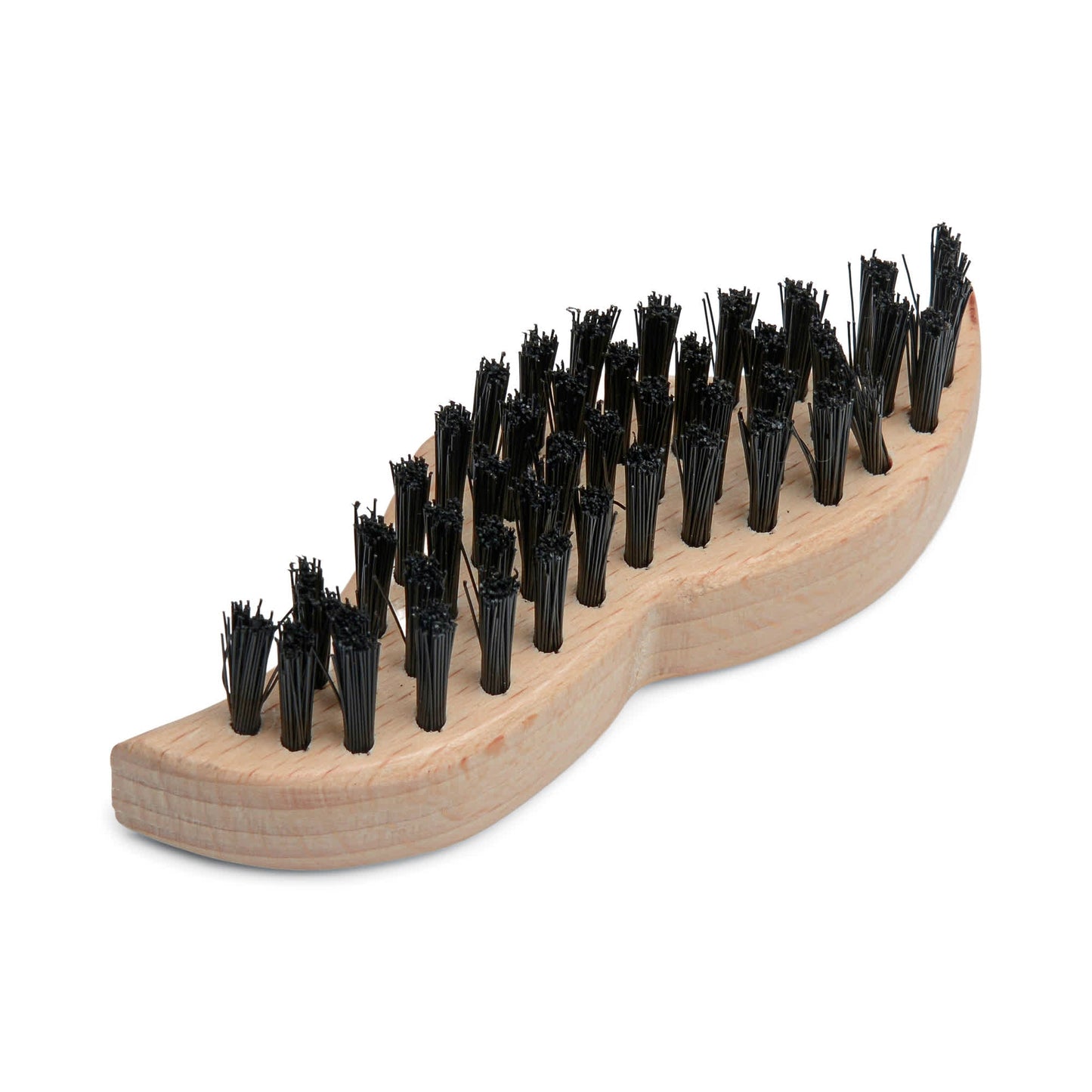 The Beard Brush features a wooden handle and black wire bristles, set in multiple rows angled to the right, perfect for keeping your beard in top condition. Displayed on a white background.