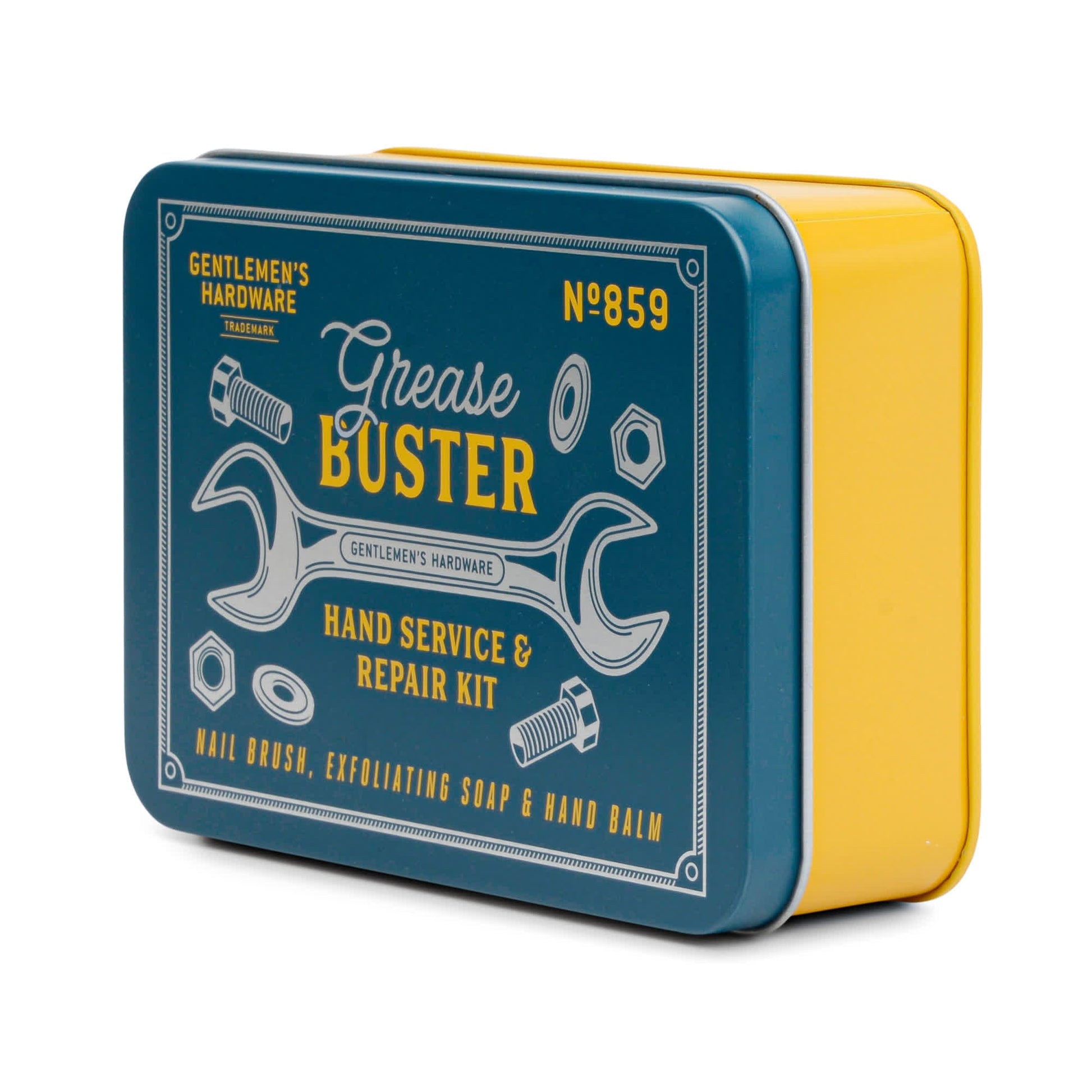 The Grease Busters Hand Care Kit comes in a rectangular metal tin with blue lid and yellow sides, featuring wrench and bolt graphics, and includes essentials like a Nail Brush and Exfoliating Soap.