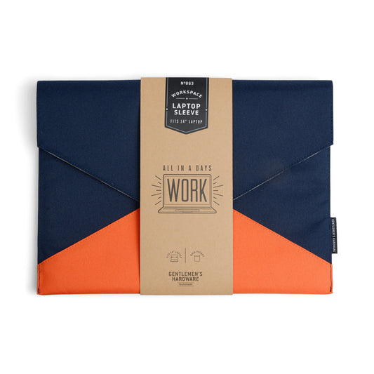 A stylish navy blue and orange Lap Top Case with a cardboard label reading Fits 15” Laptop, All in a Day’s Work, Gentlemen’s Hardware, plus a convenient back pocket for extra storage.