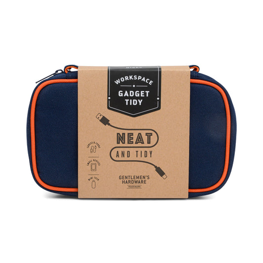 A navy blue Tech Tidy Case with orange trim, packaged in a brown cardboard sleeve labeled Workspace Tech Tidy—ideal for keeping your workspace organized and clutter-free.