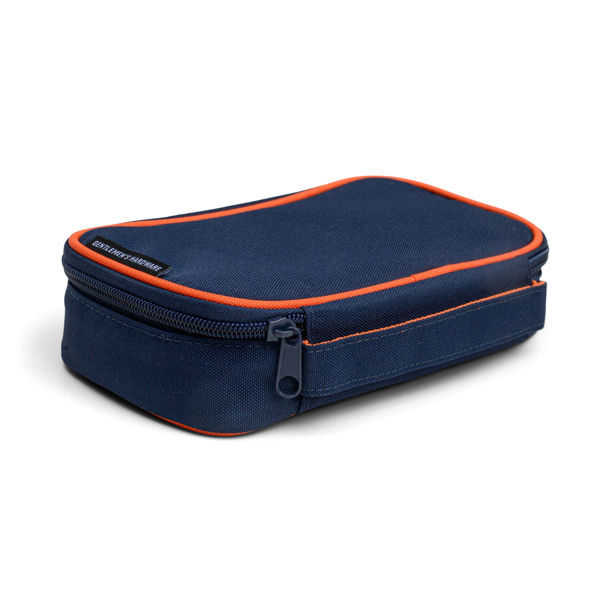 A rectangular navy blue Tech Tidy Case with orange trim and a zipper, ideal for organized gadget storage, shown closed on a white background.
