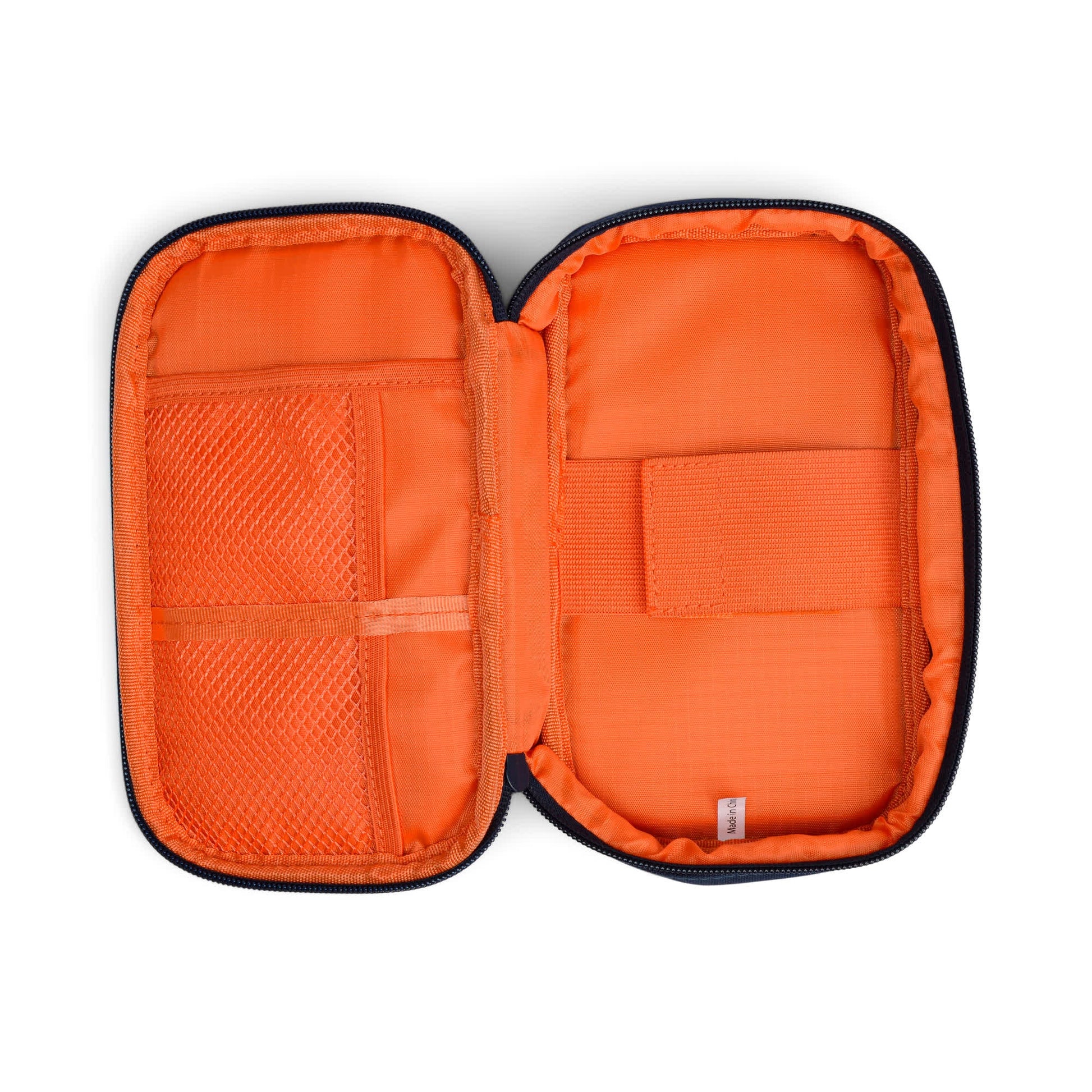 The Tech Tidy Case is an open orange zippered pouch with mesh pockets and elastic straps on both sides, ideal for clutter-free organization of small items and perfect for streamlining your workspace.