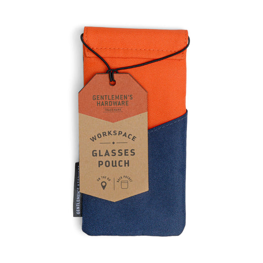 A two-tone orange and navy Glasses Case with a brown Gentlemens Hardware Workspace tag—sleek for your back pocket and perfect for keeping your glasses scratch-free wherever you go.