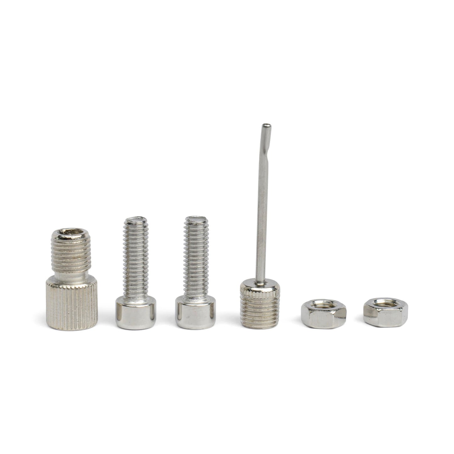 A set of six metal accessories for the Mini Bike Pump, including two bolts, two nuts, a threaded adapter, and a needle inflator, displayed in a row on a white background.