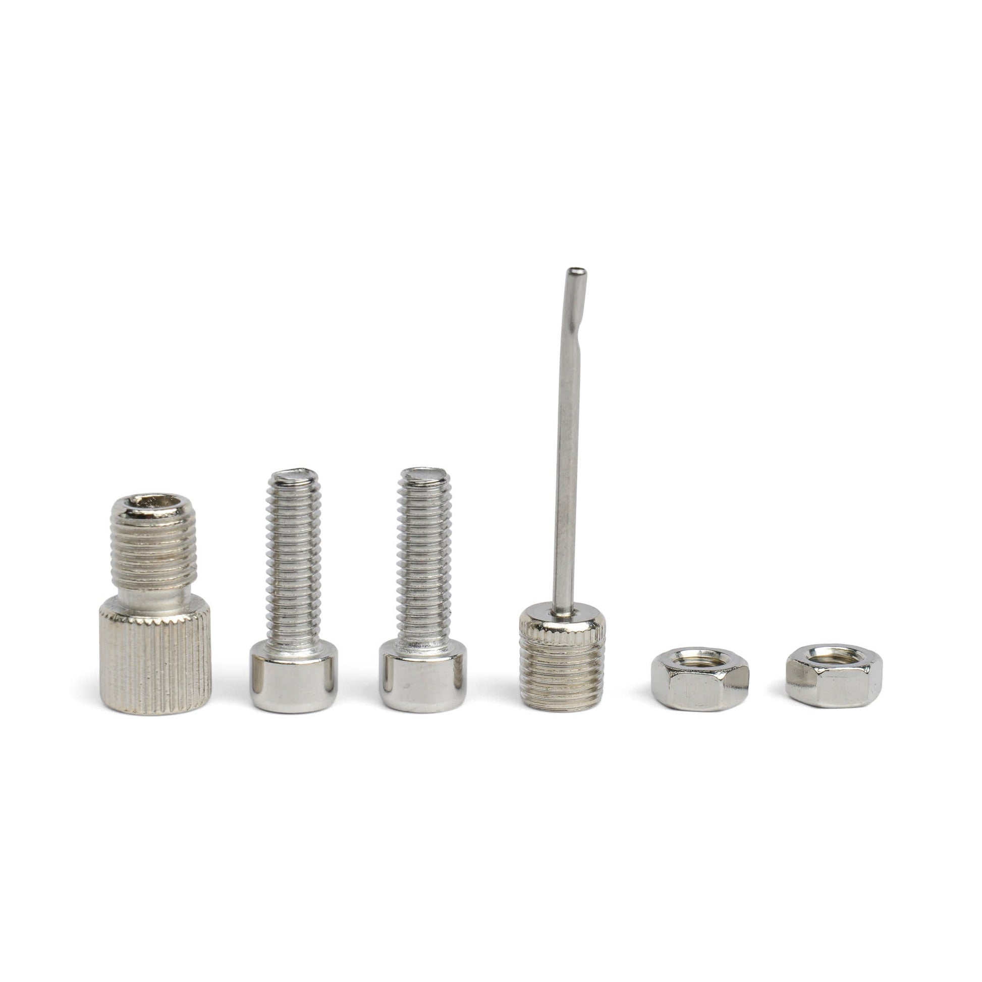 A set of six metal accessories for the Mini Bike Pump, including two bolts, two nuts, a threaded adapter, and a needle inflator, displayed in a row on a white background.