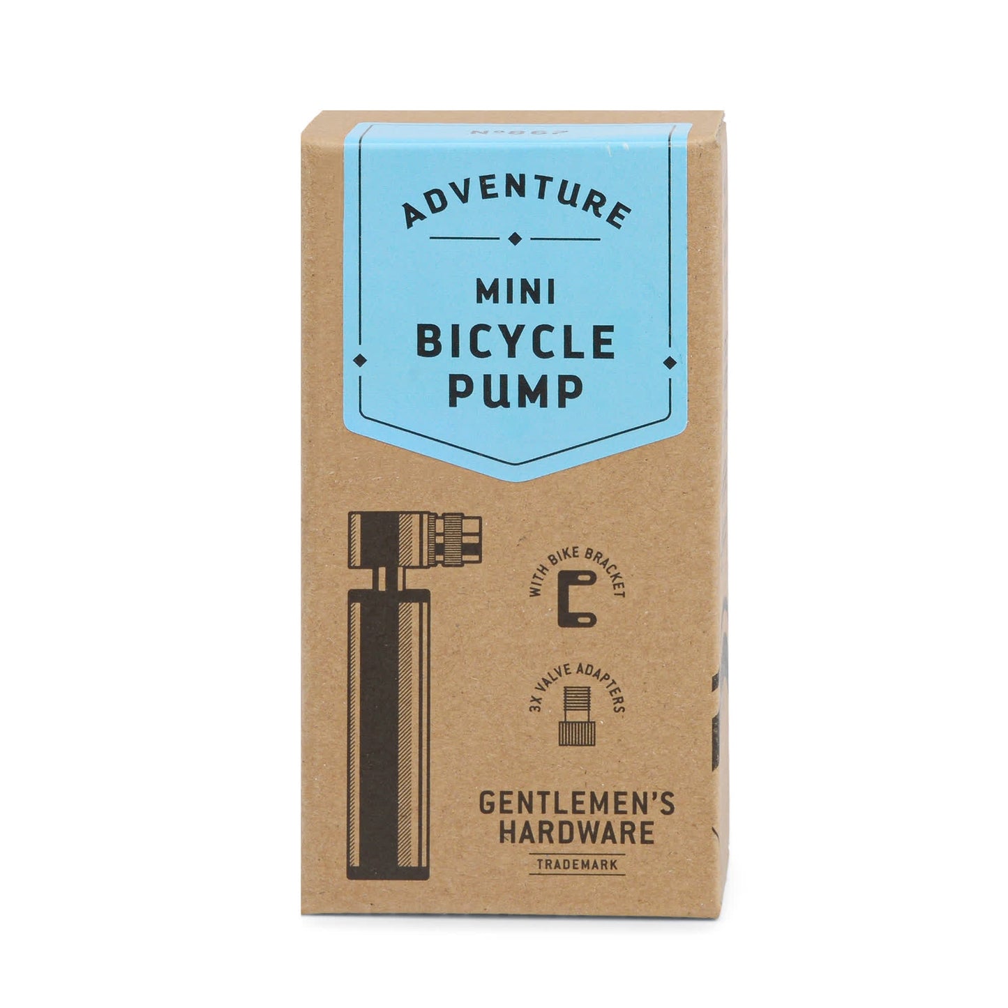 A brown box labeled Mini Bike Pump displays a pump graphic and highlights practical features like a mini bike bracket and versatile valve adapters.