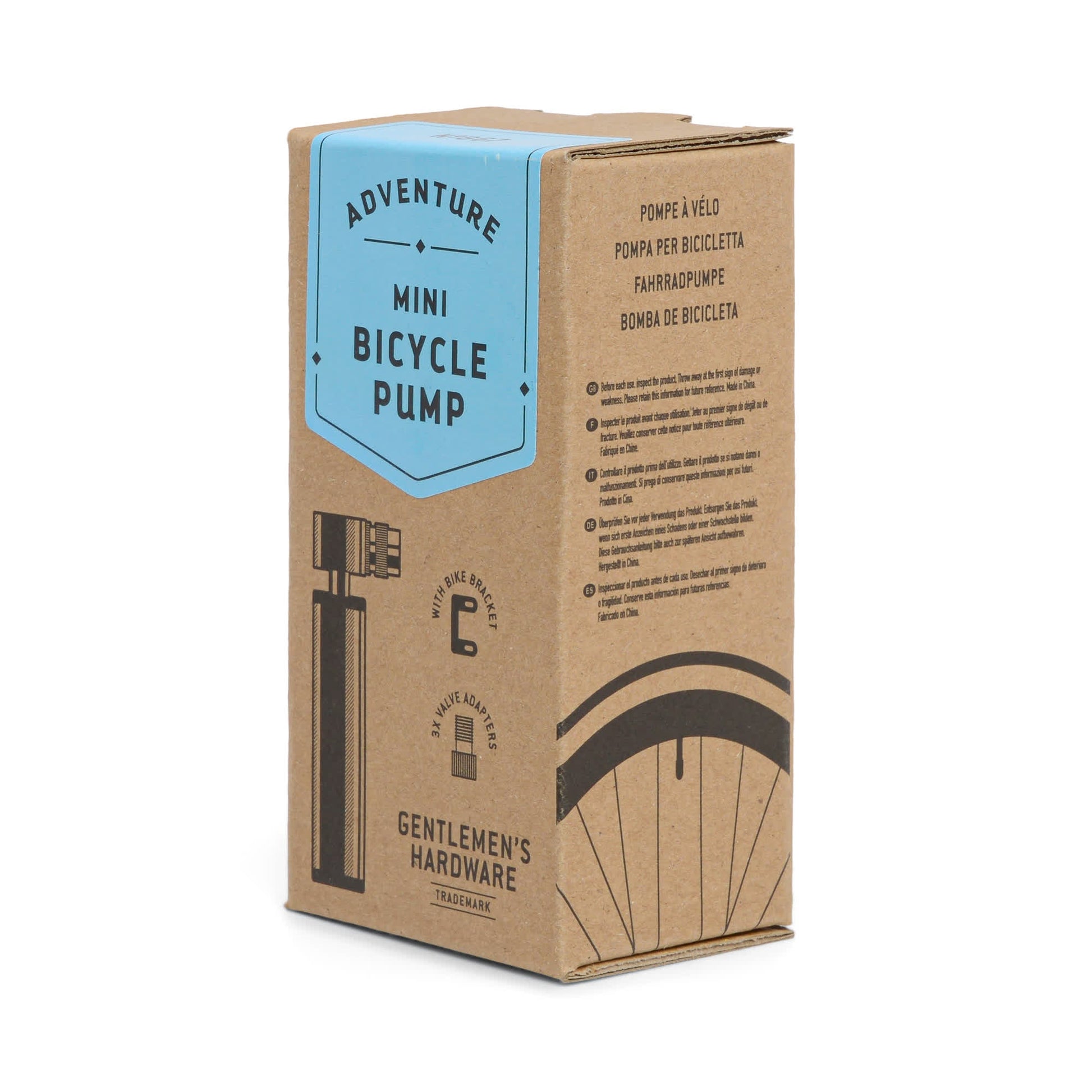 A brown cardboard box labeled Mini Bike Pump with black illustrations of a pump and bicycle wheel. Details about valve adapters and bike bracket are shown, with text in multiple languages.