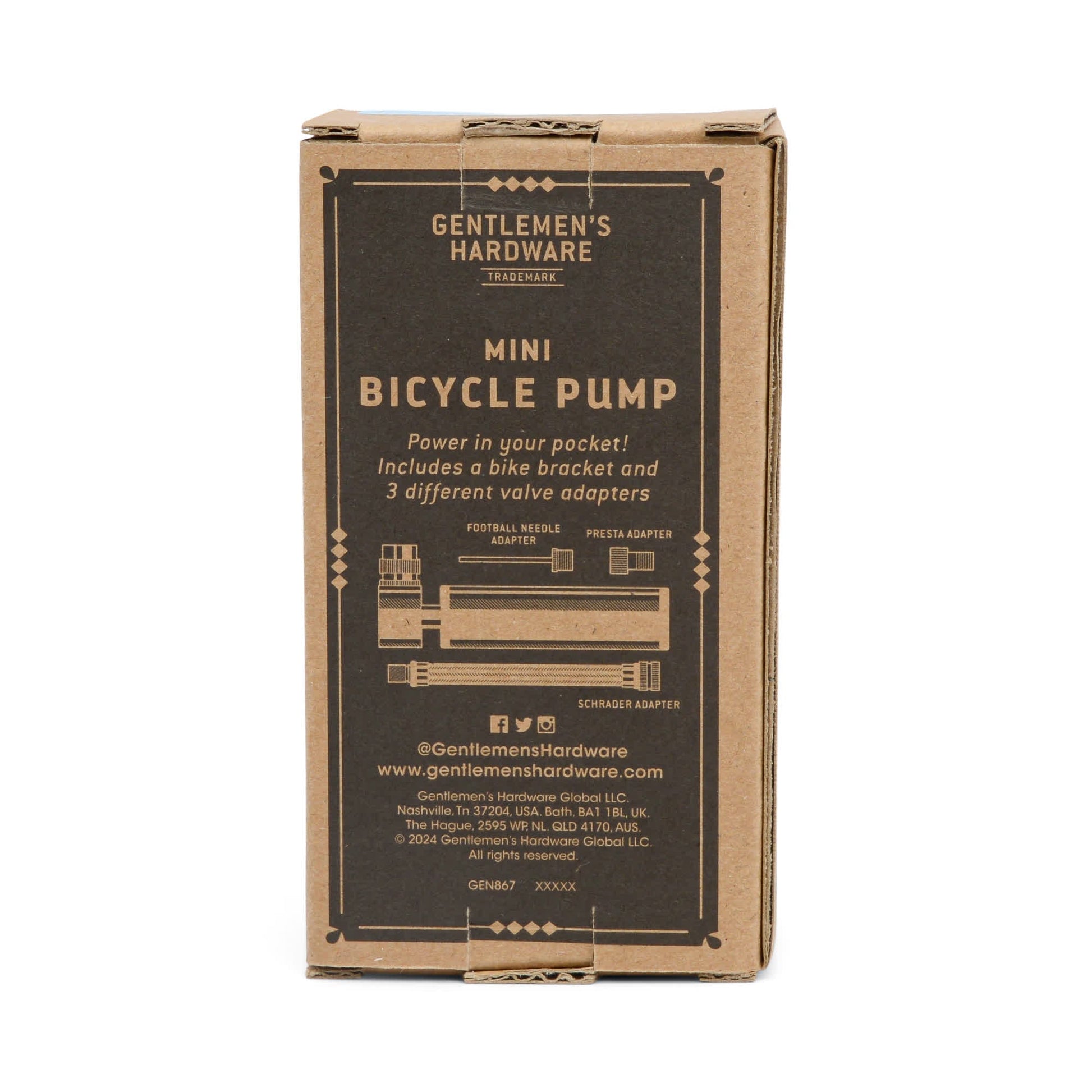 A cardboard box labeled Mini Bike Pump features a pump diagram and highlights the included bike bracket and three versatile valve adapters.