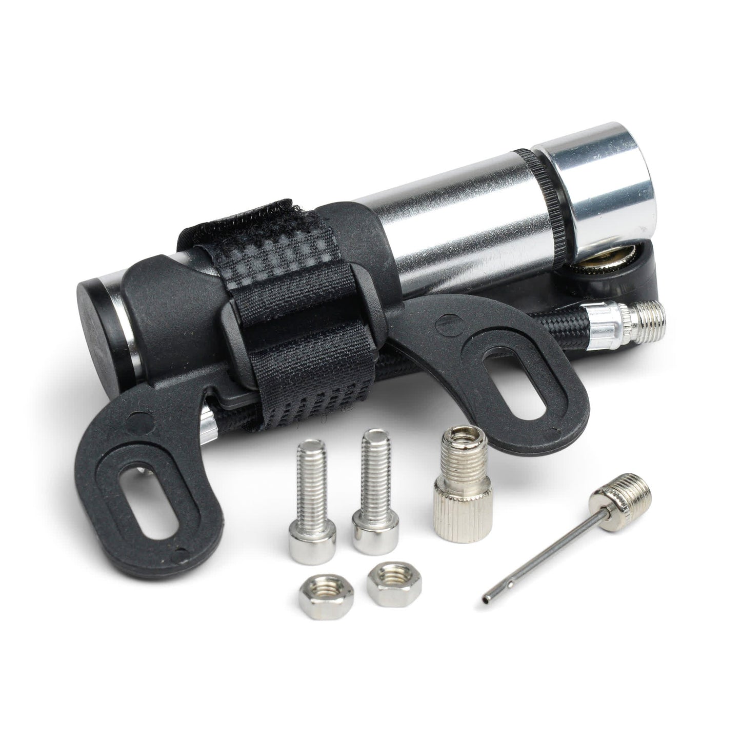 The Mini Bike Pump comes with a strap, bike bracket, two bolts, two nuts, valve adapters, and a needle inflator attachment—all neatly arranged in front.