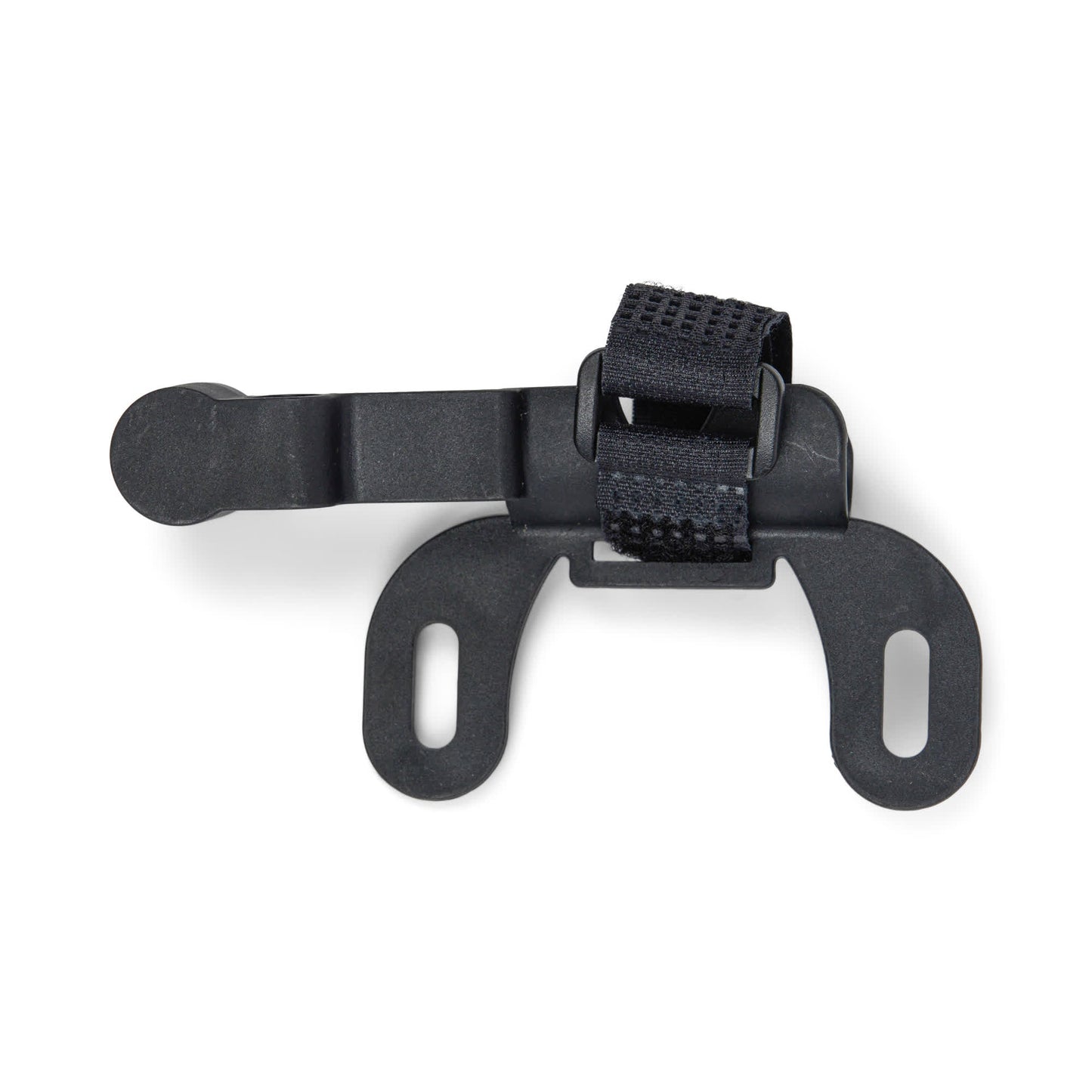 The Mini Bike Pump comes with a black plastic and metal bracket featuring two slotted mounting holes and an adjustable Velcro strap, ideal for securely holding the pump or valve adapters on your ride.