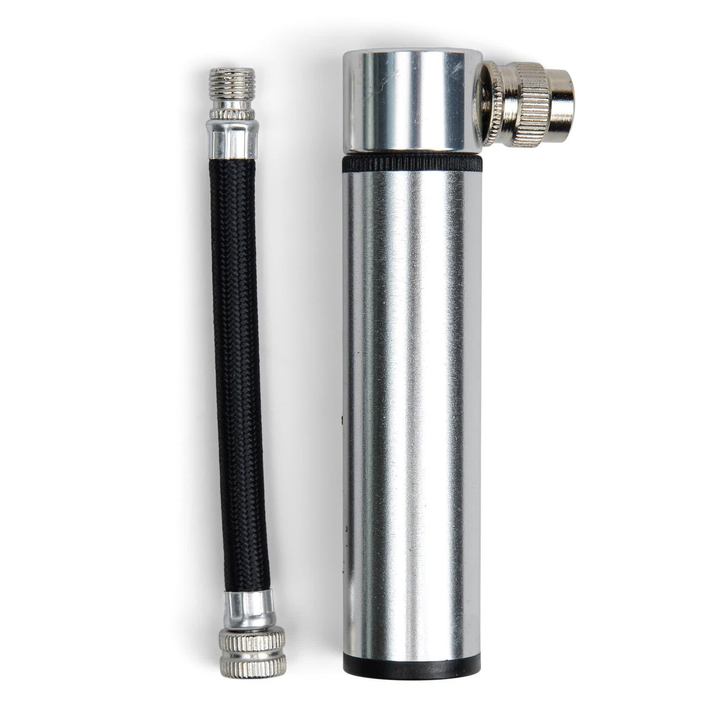 A silver Mini Bike Pump with a detachable black hose and valve adapters is displayed side by side on a white background.