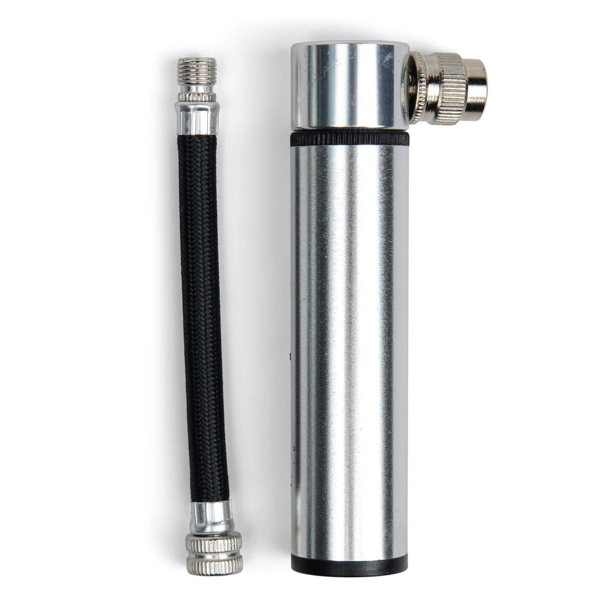 A silver Mini Bike Pump with a detachable black hose and valve adapters is displayed side by side on a white background.