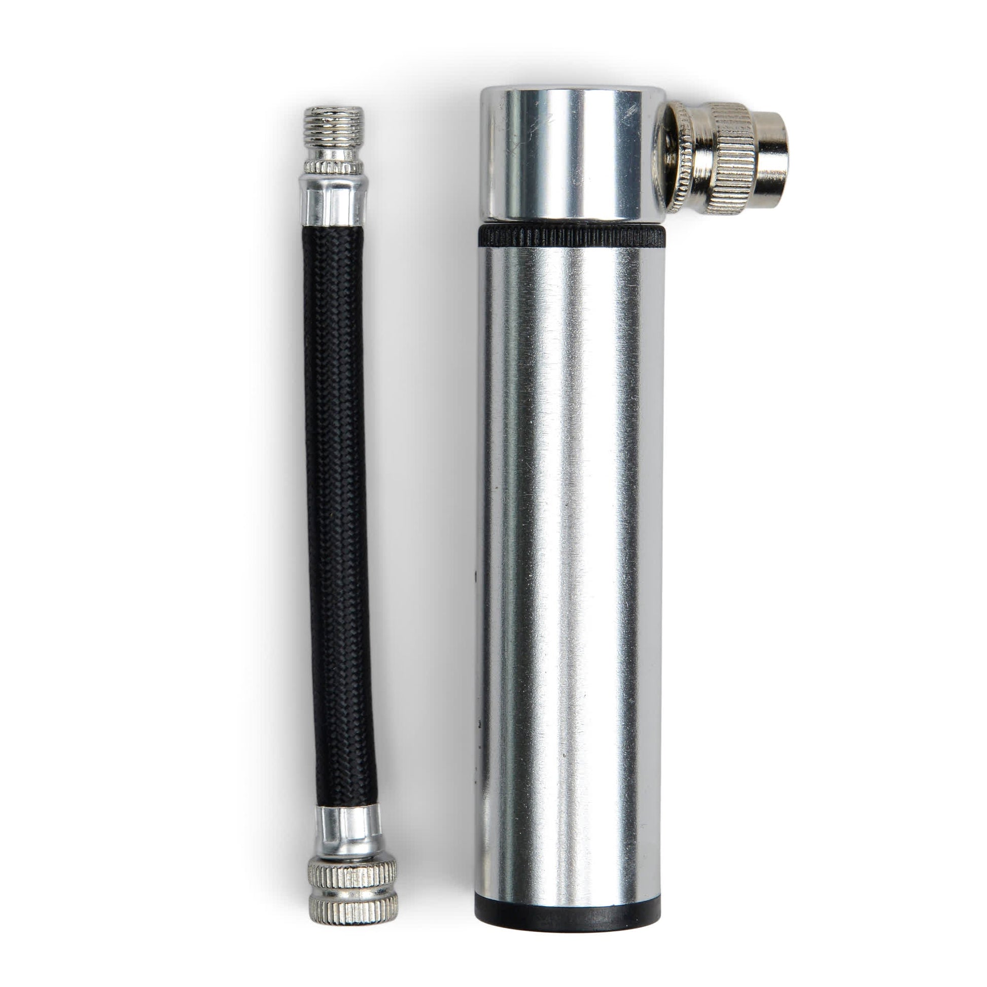 The Mini Bike Pump, a compact silver pump with a detachable black and silver flexible hose and valve adapters, is shown on a white background.