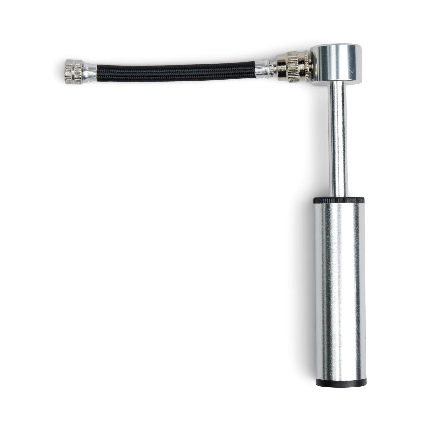 The Mini Bike Pump is a compact, handheld silver pump with a flexible black hose extended to the side and convenient valve adapters for various tires.