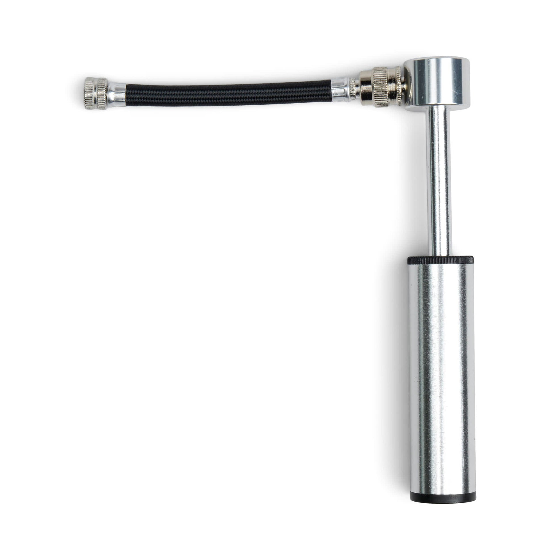 The Mini Bike Pump is a compact, handheld silver pump with a flexible black hose extended to the side and convenient valve adapters for various tires.