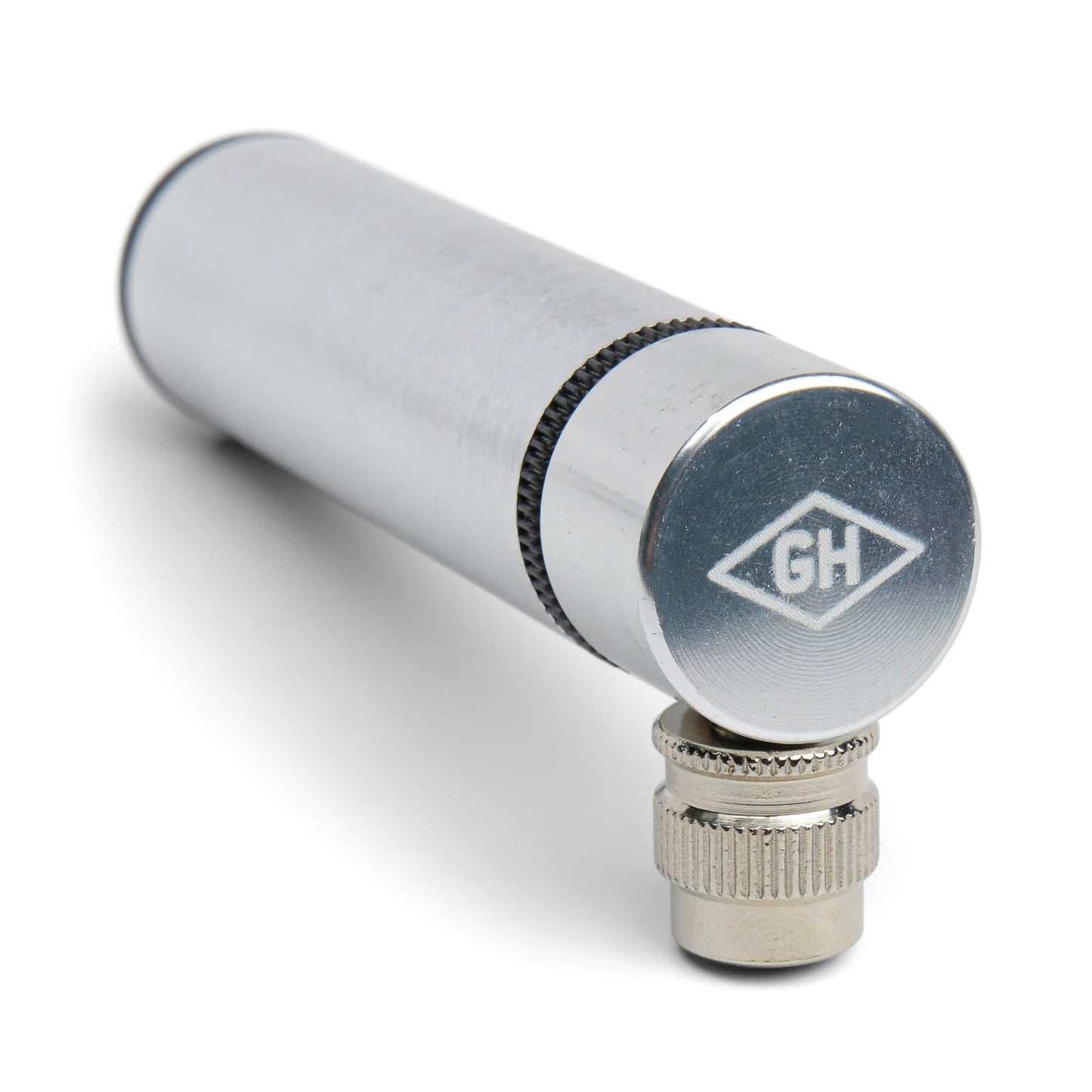 A silver cylindrical Mini Bike Pump with a textured ring and small valve, featuring a diamond-shaped GH logo on one end, shown against a white background.