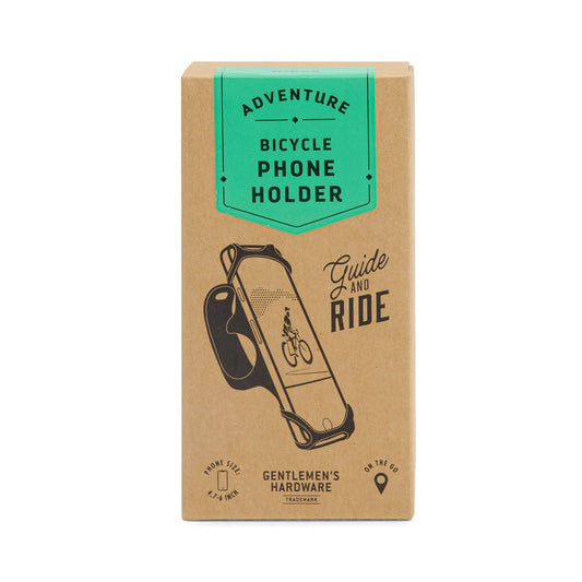 A brown box labeled Bike Phone Holder features a sketch of a phone on a bike mount and the text Guide and Ride, highlighting its secure, stretchy silicone design for reliable use.