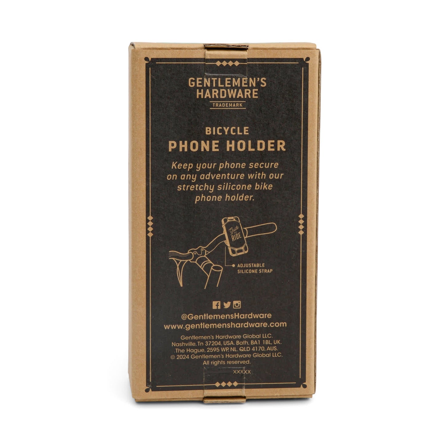 Brown cardboard packaging for the Bike Phone Holder, featuring product details and illustrations of the secure holder with a stretchy silicone strap.