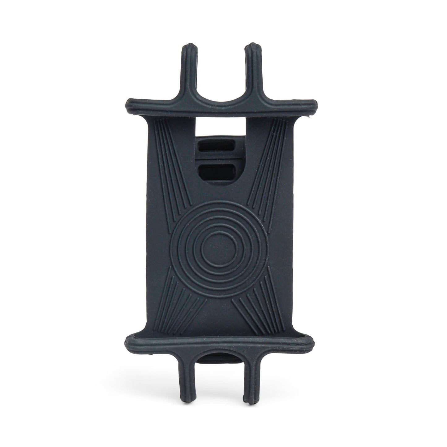 The Bike Phone Holder is a black rubber and silicone mount featuring a textured circular pattern and four stretchy corners for a secure device grip.