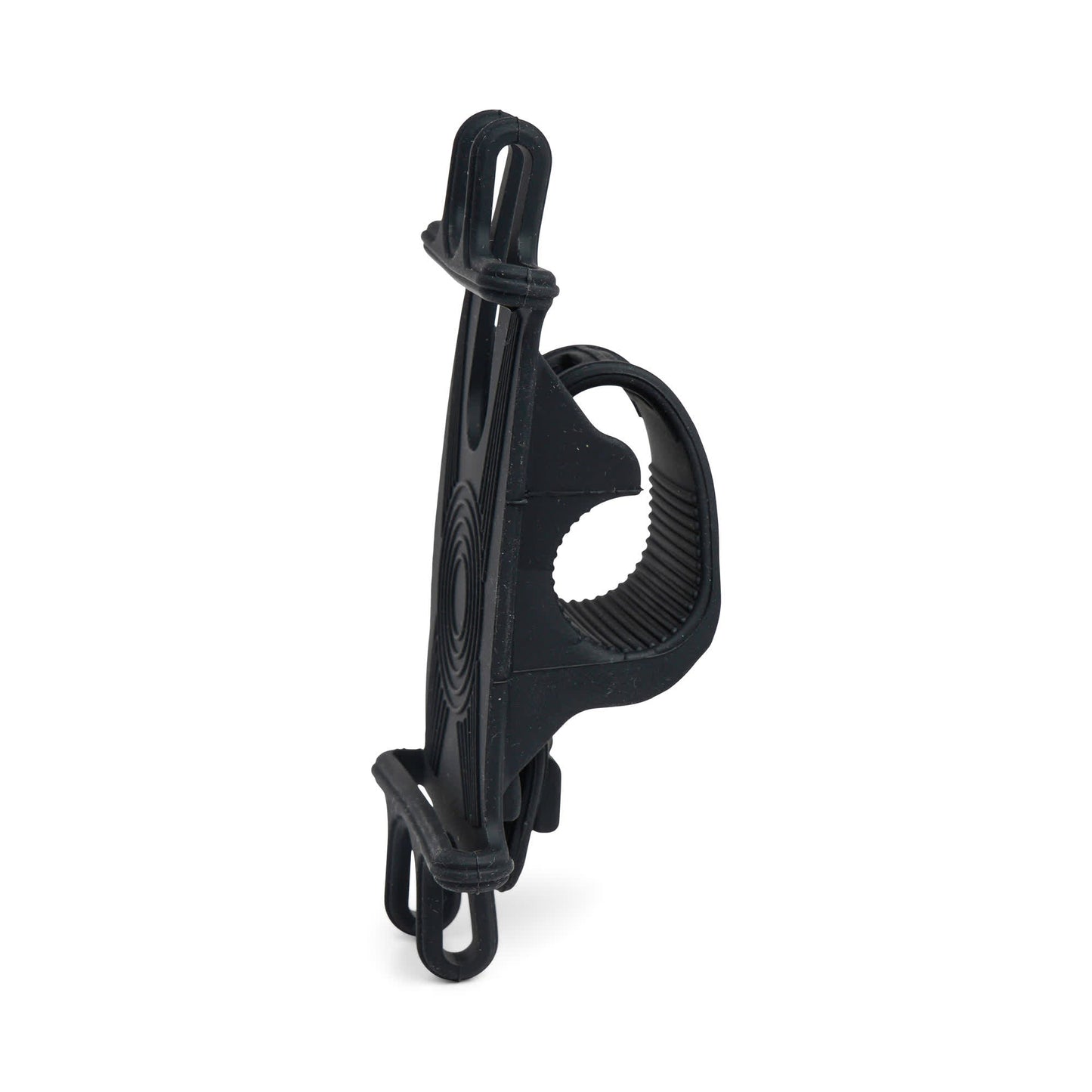 The Bike Phone Holder, made of black rubber with a stretchy silicone and adjustable strap, is shown standing upright on a white background.