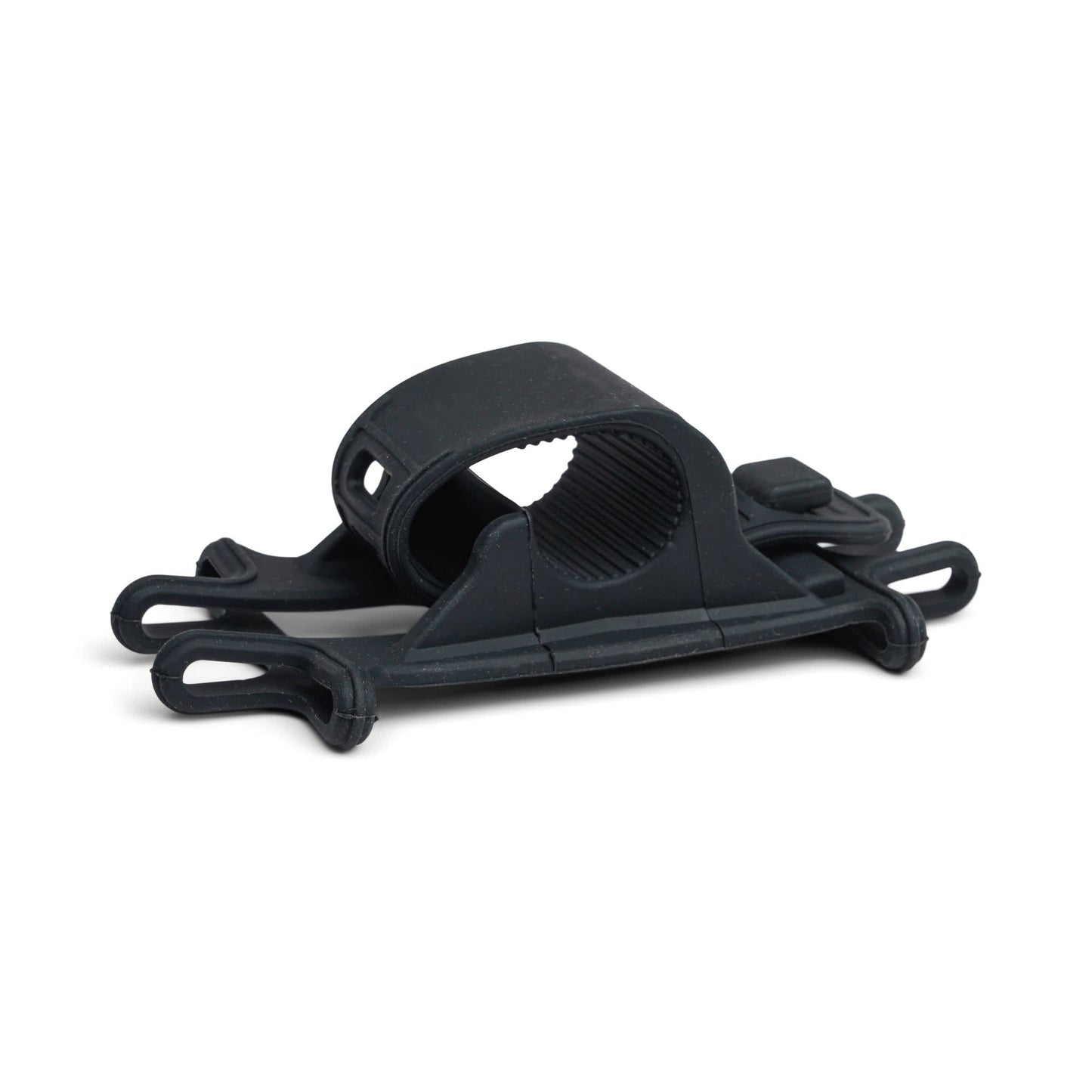 The Bike Phone Holder is a black plastic handlebar mount featuring an adjustable silicone strap and rubber grips, designed to securely hold your phone or accessories like lights on your bicycle.