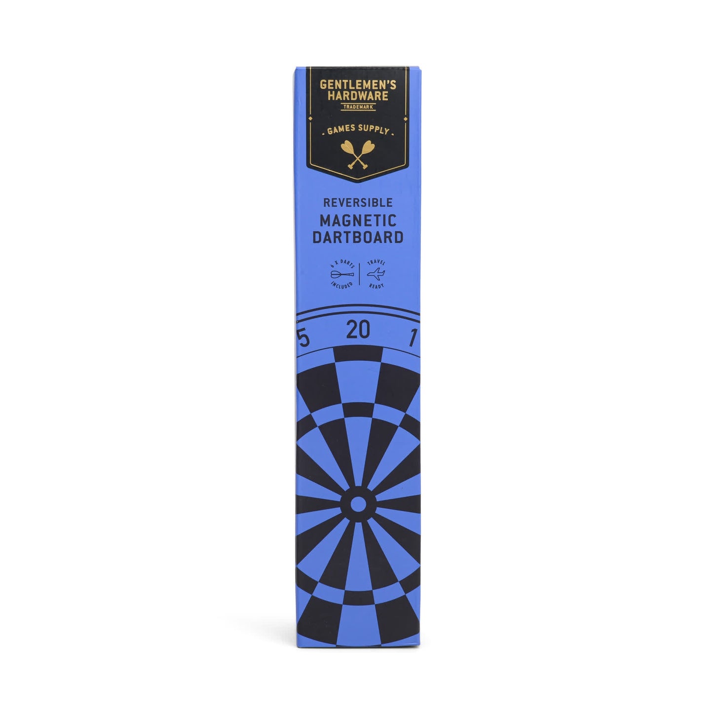 A blue rectangular box labeled Gentlemens Hardware, featuring the Dartboard Roll, stands upright with a dartboard graphic on the front—ideal for practicing hand-eye coordination and sportsmanship.