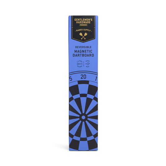 A blue rectangular box labeled Gentlemens Hardware, featuring the Dartboard Roll, stands upright with a dartboard graphic on the front—ideal for practicing hand-eye coordination and sportsmanship.