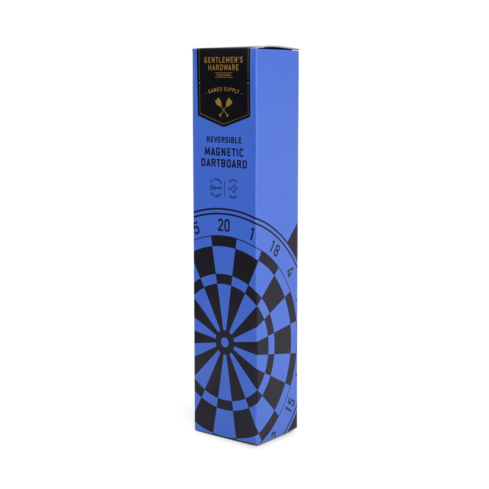 Blue rectangular box with Dartboard Roll printed on it, featuring a black and blue magnetic dartboard graphic on the front—ideal for practicing hand-eye coordination and sportsmanship.