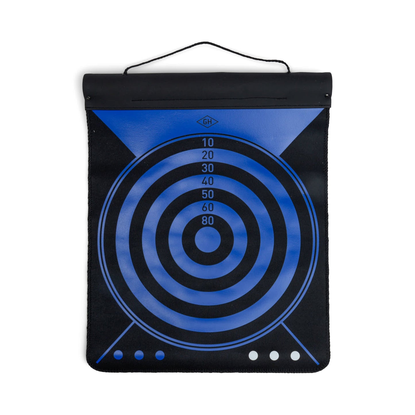 The Dartboard Roll is a blue and black magnetic dartboard with concentric circles labeled from 10 to 80, hanging by a black cord—ideal for practicing hand-eye coordination.