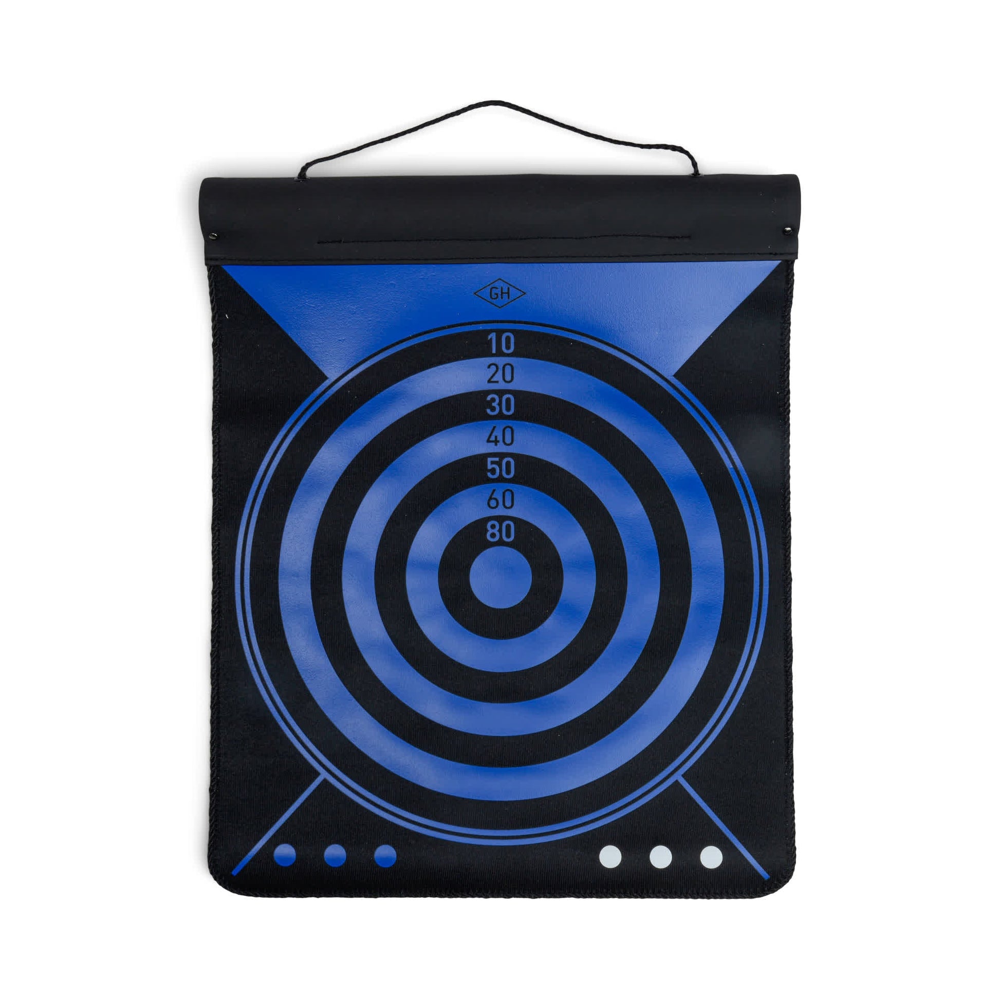 The Dartboard Roll is a blue and black magnetic dartboard with concentric circles labeled from 10 to 80, hanging by a black cord—ideal for practicing hand-eye coordination.